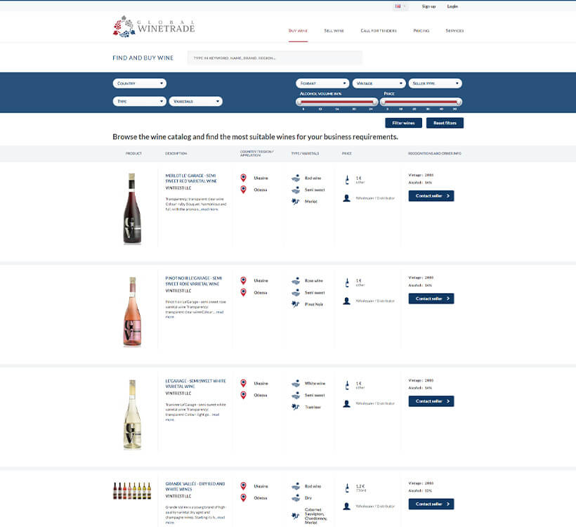Globalwinetrade.com website screenshot wine listing page